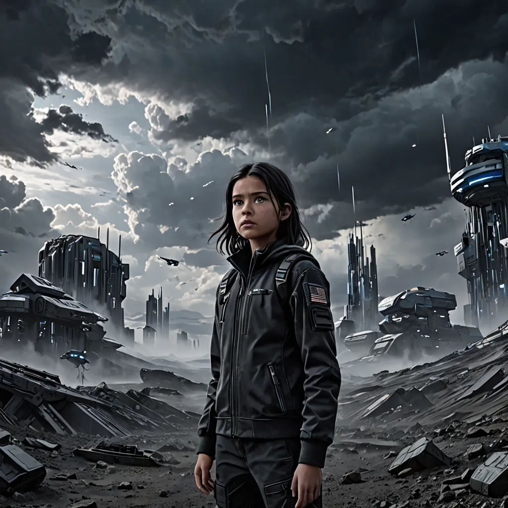 a young girl standing in front of a futuristic city with a sky background and clouds in the background,, space art, a detailed matte painting, Eve Ryder, key art