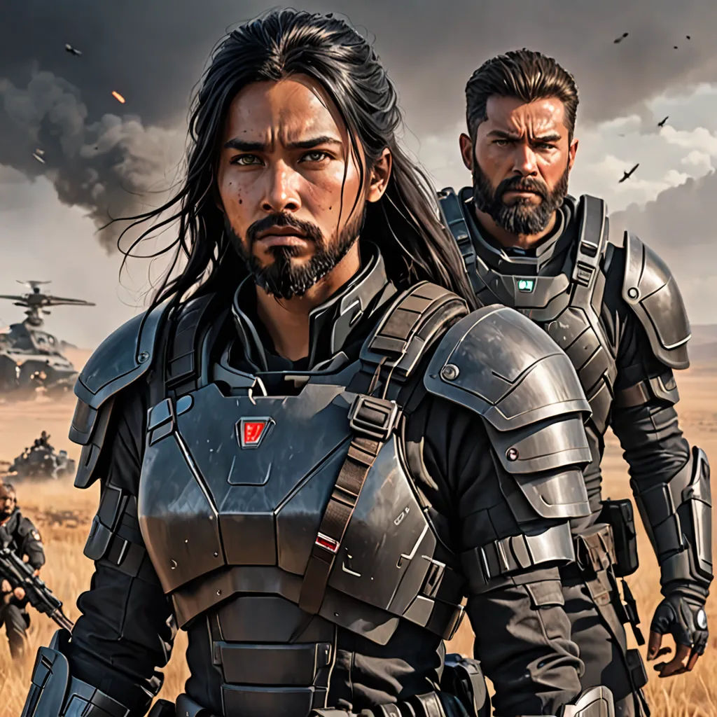 a group of men in armor standing in a field with guns in hand and a helicopter in the background, antipodeans, poster art, Aleksi Briclot, mars ravelo and greg rutkowski