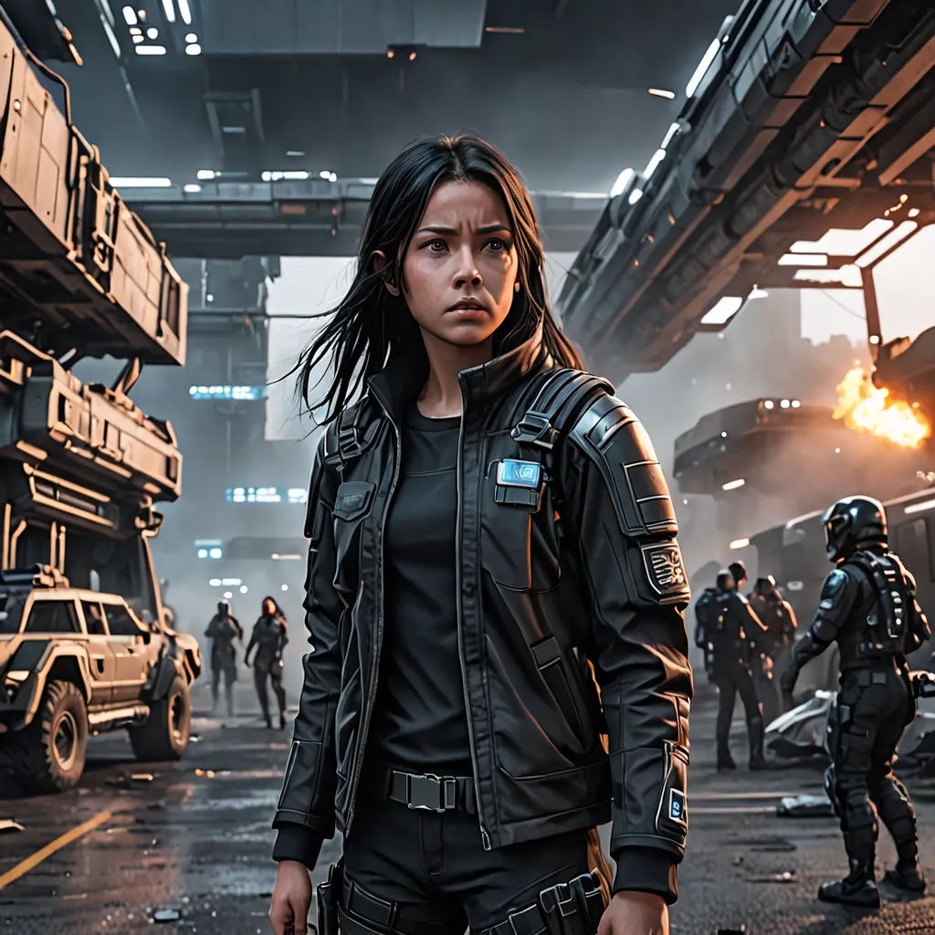 a woman in a black jacket and some soldiers in a city street with a vehicle in the background and a man in a gas mask, antipodeans, a detailed matte painting, Eve Ryder, key art