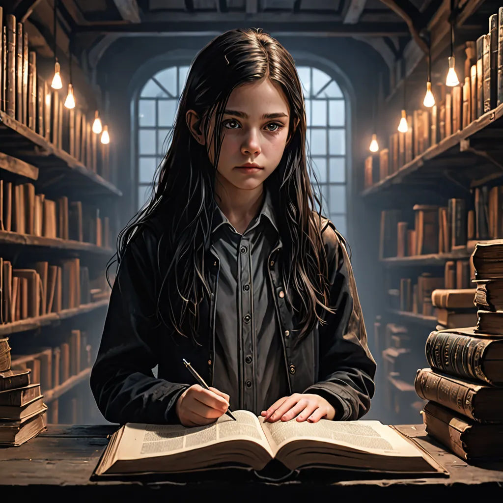 a girl sitting at a table with a book in front of her and a lot of books on the shelves, fantasy art, a detailed matte painting, Brad Kunkle, promotional image