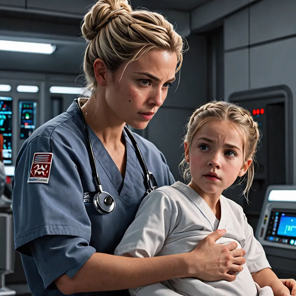 a nurse holding a little girl in a hospital room with other medical equipment in the background and a woman in scrubs, neoplasticism, a renaissance painting, Eve Ryder, promotional image