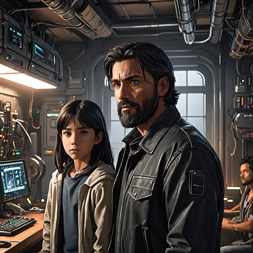 a man and a woman standing in a room with computers and other people in the background, all looking at the camera, computer art, computer graphics, Eddie Mendoza, key art