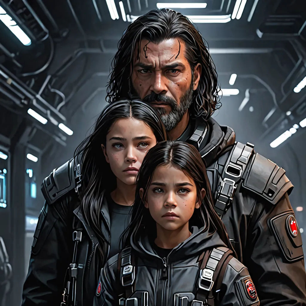 a man and two girls in a sci - fi setting with a sci - fi background and a man in a black jacket, antipodeans, cyberpunk art, Eddie Mendoza, key art