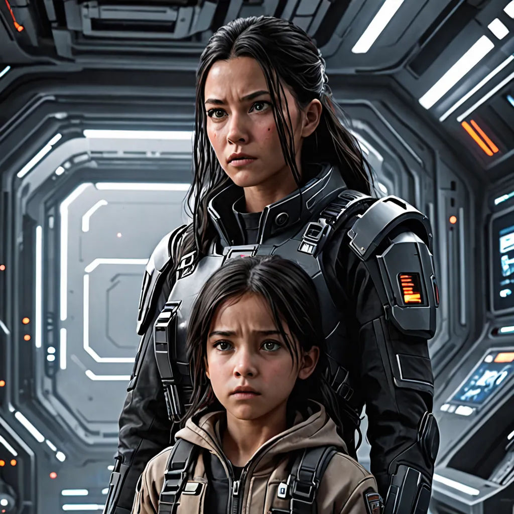 a woman and a child in a sci - fi setting with a sci - fi background and a spaceship, antipodeans, concept art, Aleksi Briclot, key art