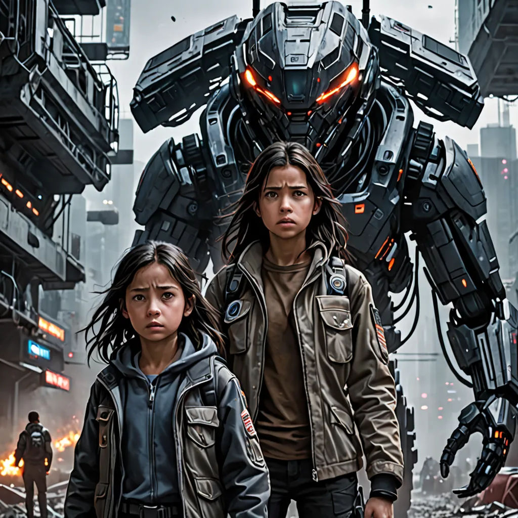 a couple of people standing next to each other in front of a giant robot with a woman standing next to them, antipodeans, poster art, Dai Jin, promotional image