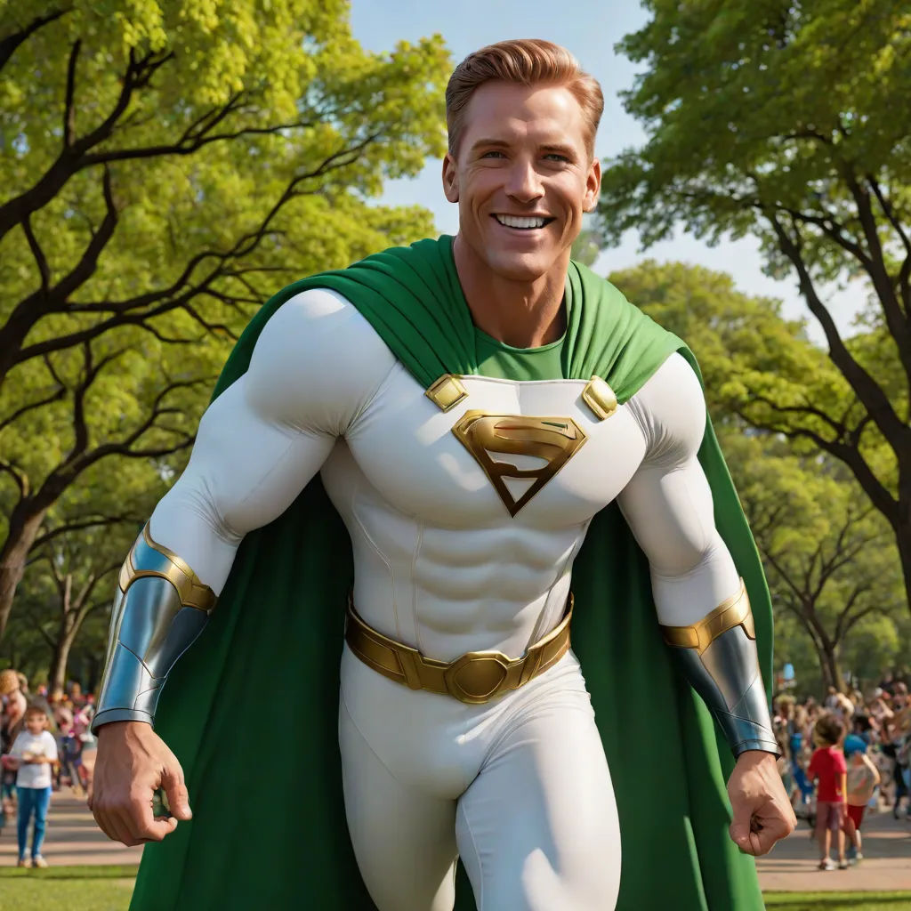 a man dressed as a superman in a park with a crowd of people behind him and a statue of a man in a green cape, superflat, a marble sculpture, Chris LaBrooy, promotional image
