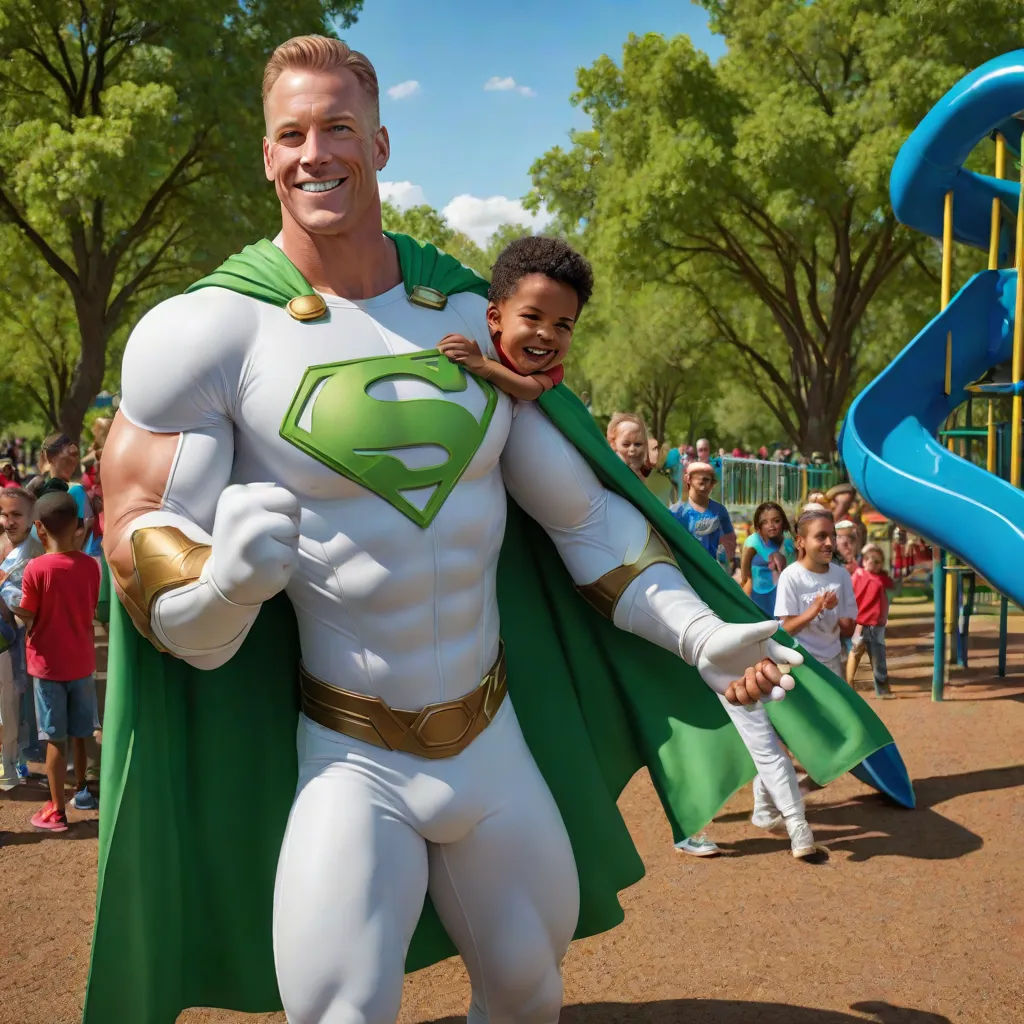 a man in a superman costume and a little boy in a green cape and white shirt are standing in a playground, superflat, a stock photo, Chris LaBrooy, heroic