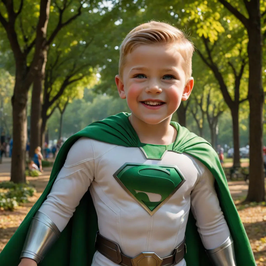 a young boy dressed as a superhero smiles for the camera while standing in a park with trees and grass, superflat, a character portrait, Adam Dario Keel, heroic pose