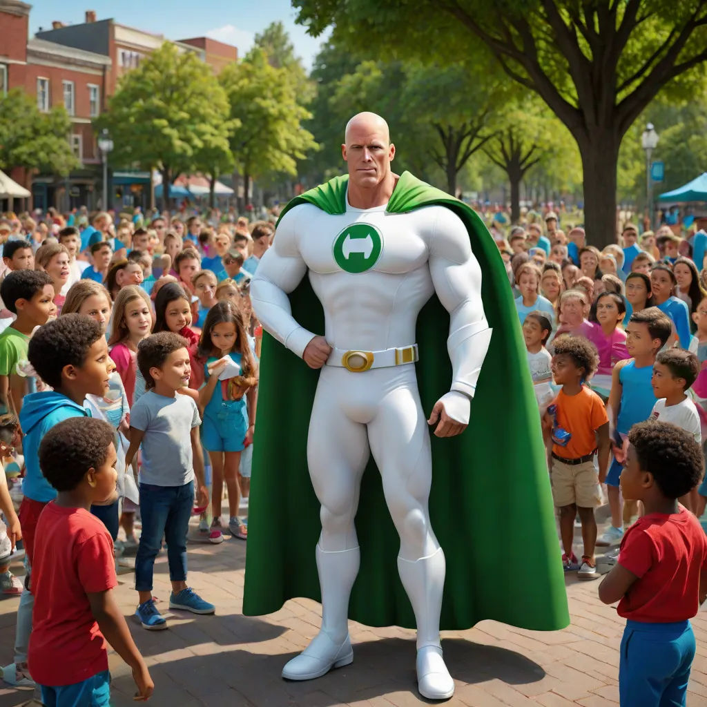 a man dressed as a super hero standing in front of a crowd of children in a park area with a green cape, furry art, an ambient occlusion render, Altichiero, heroic