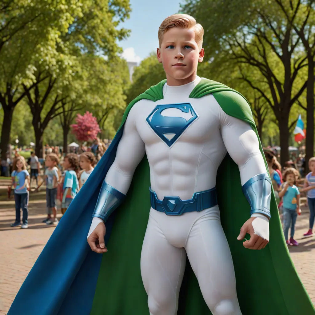 a man dressed as a superman standing in a park with a crowd of people behind him and a green cape, superflat, a character portrait, Chris LaBrooy, heroic pose