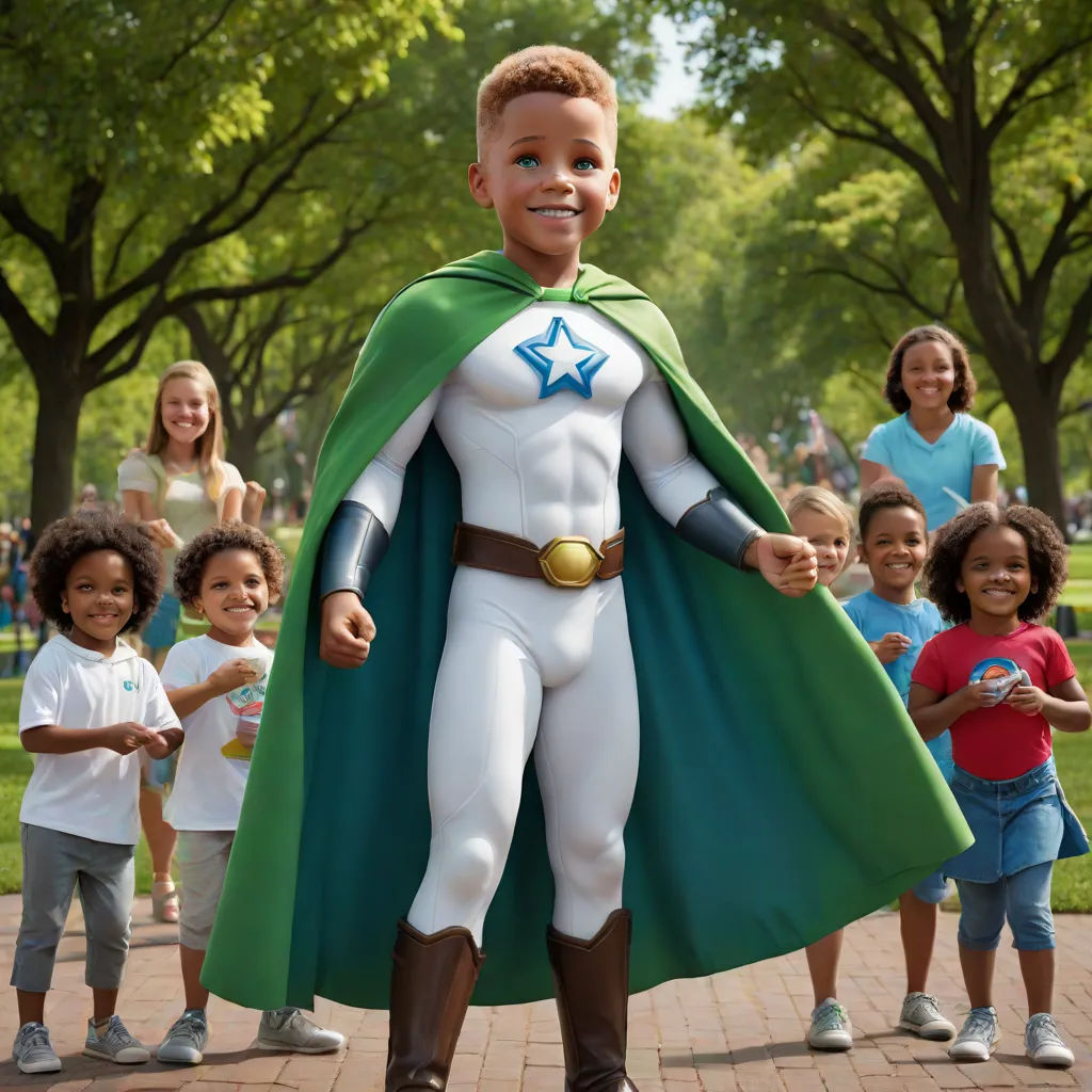 a young boy dressed as a super hero standing in front of a group of children in a park with a statue of a man in a green cape, afrofuturism, concept art, Chris LaBrooy, promotional image