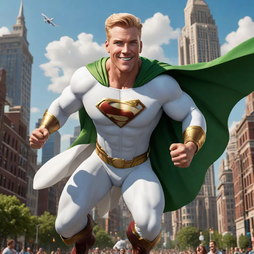 a man in a superman costume is in the middle of a crowd of people in a city with a plane in the background, superflat, a digital rendering, Chris LaBrooy, official art