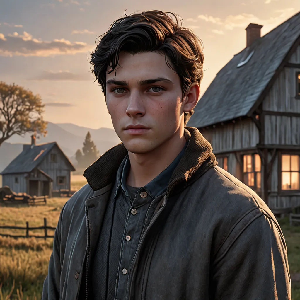 a man standing in front of a house with a sunset in the background and a horse in the foreground, Anne Said, pre-raphaelitism, computer graphics, key art