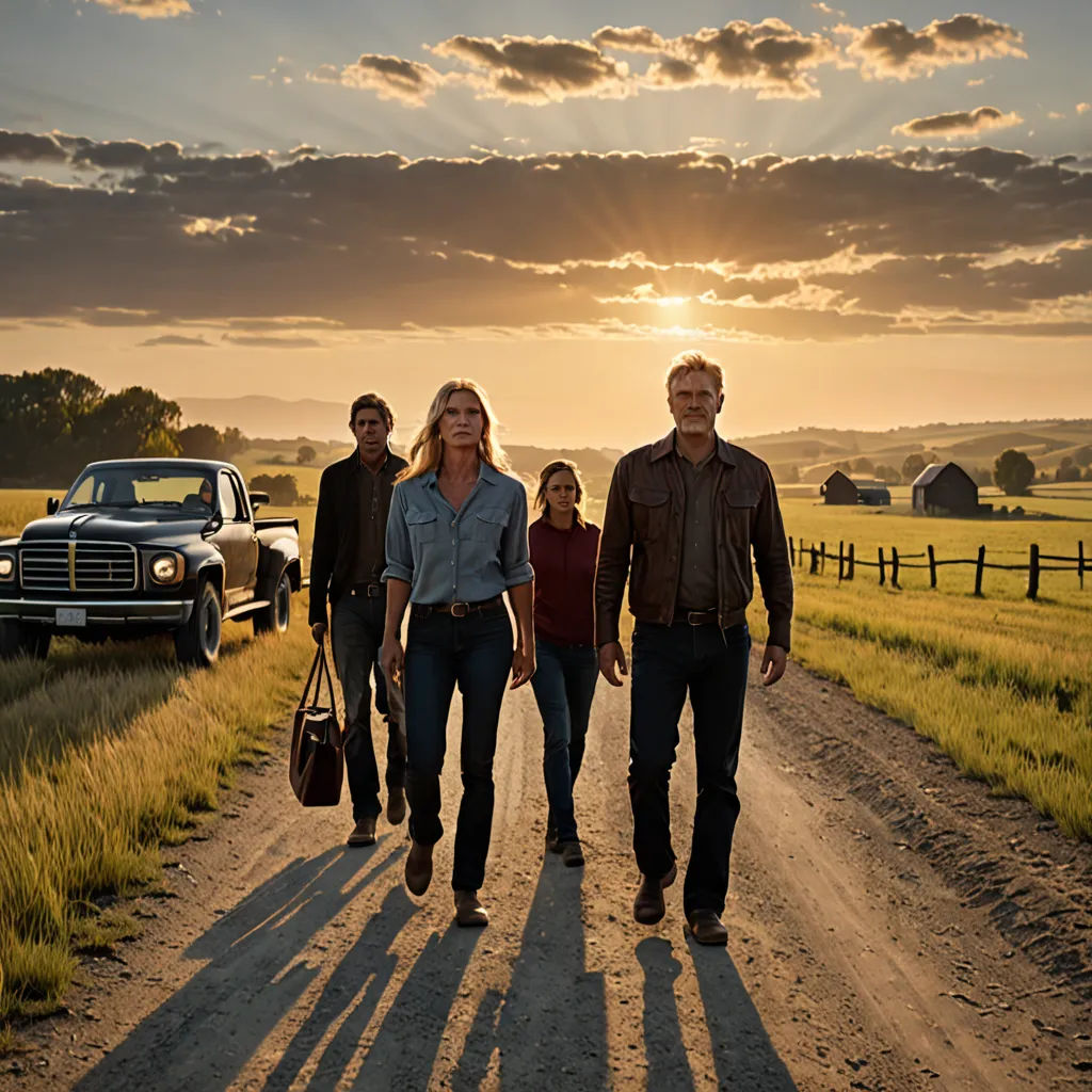 a group of people walking down a dirt road next to a truck and a field with a sunset in the background, Everett Warner, american scene painting, a poster, promotional image