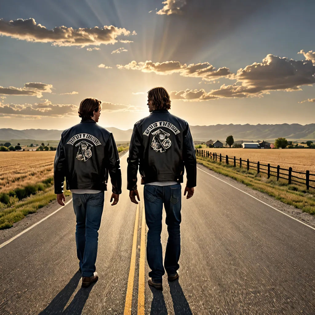 two men walking down a road with the sun shining down on them and a fence in the background with a field of grass, Dean Roger, american romanticism, an album cover, promotional image