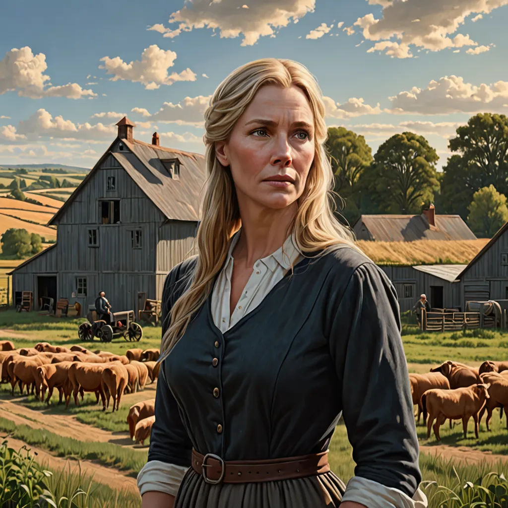 a woman standing in front of a herd of sheep in a field with a barn in the background and a sky with clouds, Andrea Kowch, american scene painting, a detailed matte painting, highly detailed digital painting