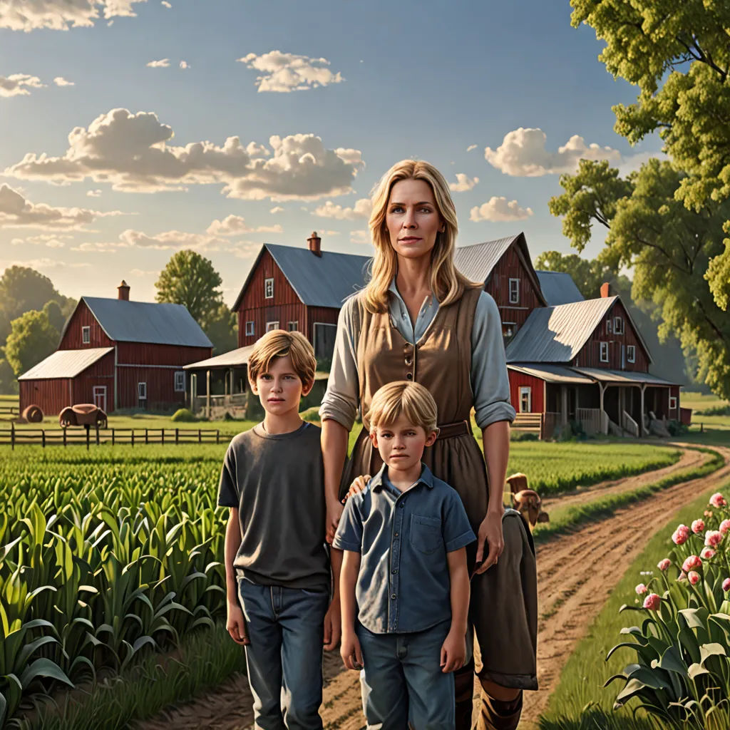 a woman and two children standing in a field of flowers and a farm house in the background with a red barn, Anne Said, american realism, a detailed matte painting, promotional image