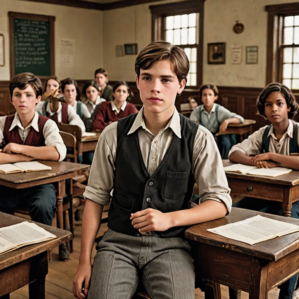 a group of young people sitting at desks in a classroom with books on them and one boy standing, Fletcher Martin, vancouver school, a colorized photo, vfx