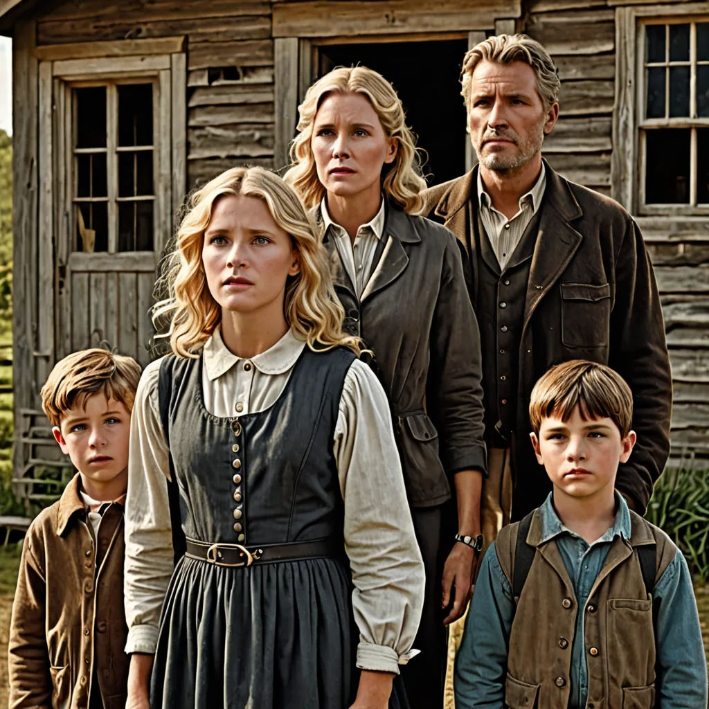 a family standing in front of a wooden house with a dog in the yard and a man standing next to them, Anne Said, international gothic, a poster, promotional image