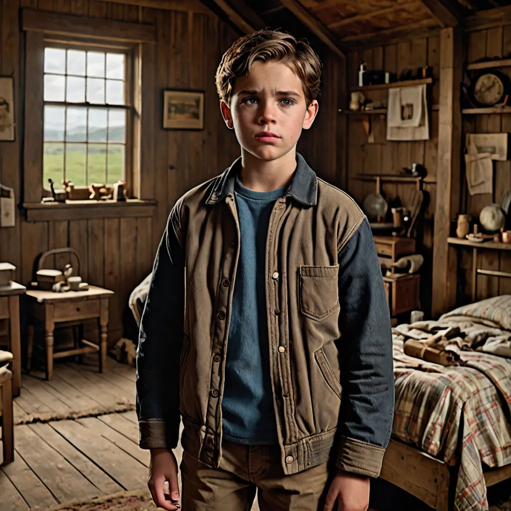 a young man standing in a rustic cabin bedroom with a bed and desks in the background and a window, Fletcher Martin, arts and crafts movement, a character portrait, promotional image