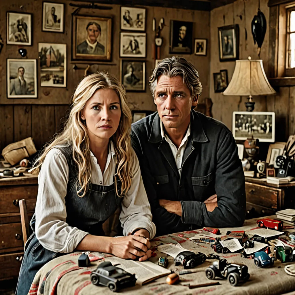 a man and a woman sitting at a table with toys on it and a lot of pictures on the wall, Annie Leibovitz, arts and crafts movement, a still life, promotional image
