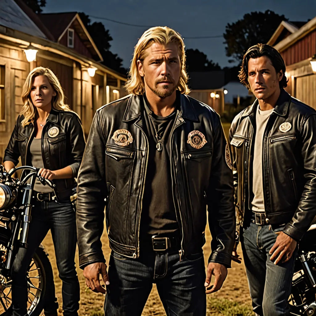 a man and two women standing next to a motorcycle in a street at night with a house in the background, Dan Scott, american realism, a poster, promotional image