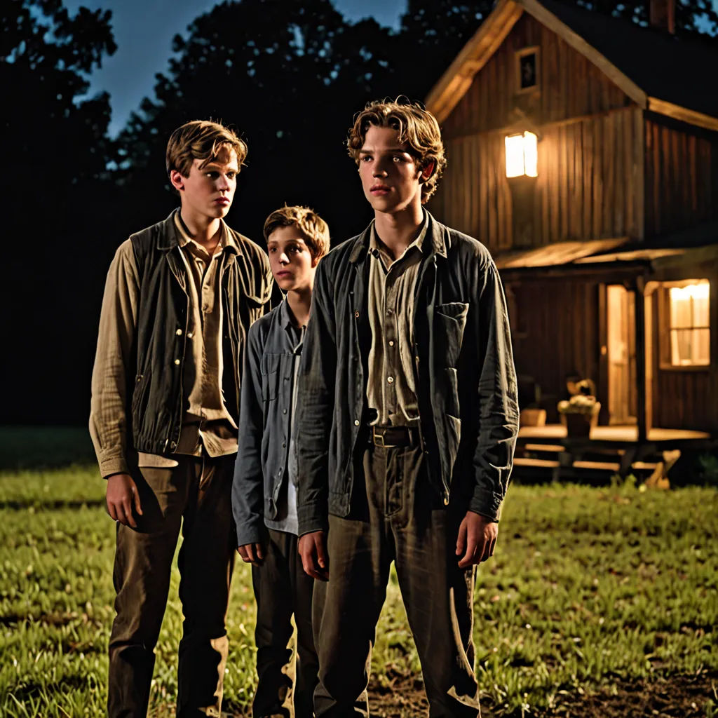 three young men standing in front of a house at night with a lit up porch and a shed in the background, Clark Voorhees, symbolism, a colorized photo, promotional image