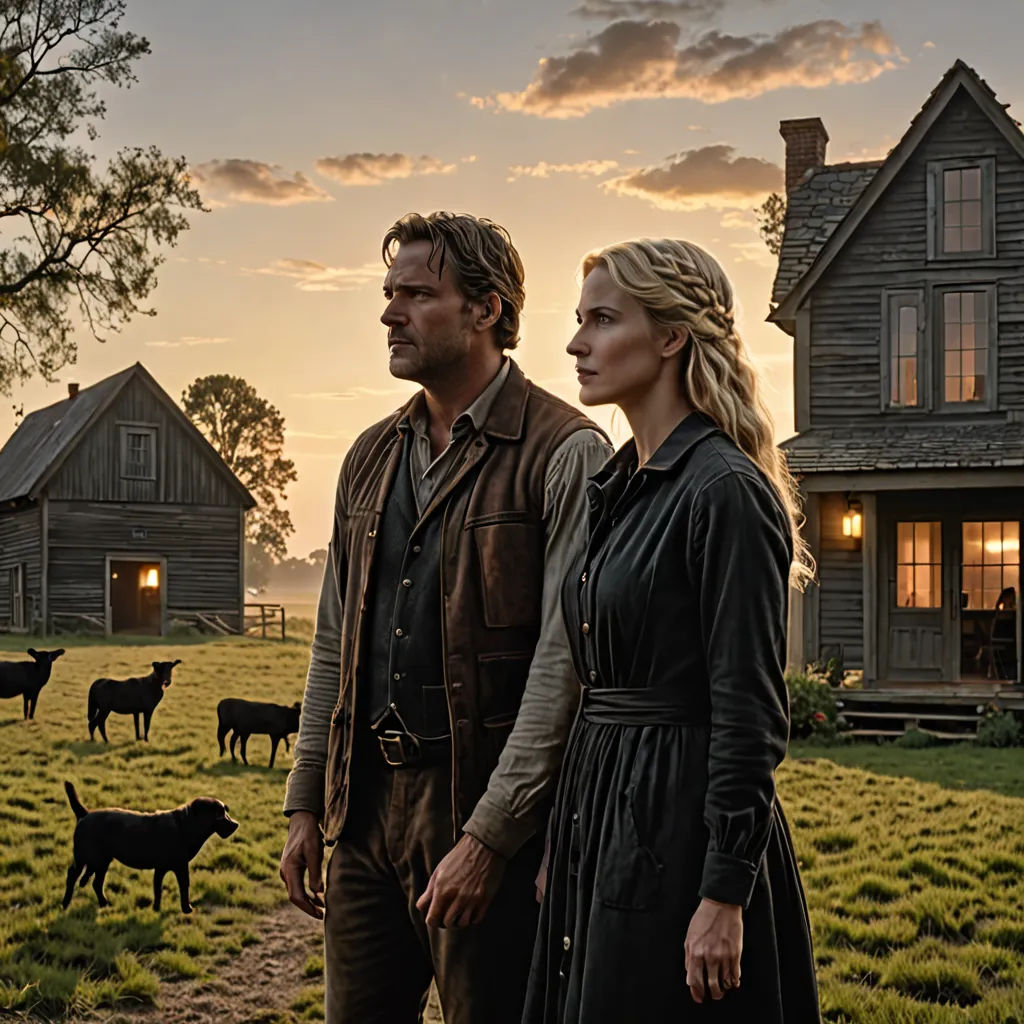 a man and a woman standing in front of a house with cows in the background at sunset or dawn, Anne Said, international gothic, a detailed matte painting, promotional image