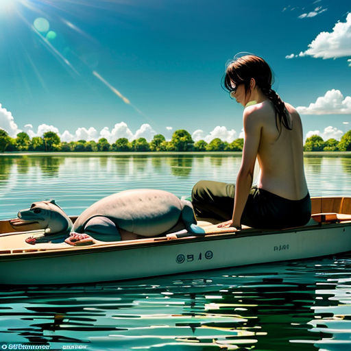 a man and a woman in a boat with a turtle on the water in front of them, with a sun shining over the water