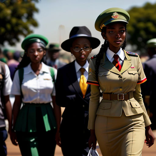 a woman in a uniform walking with other people in uniform behind her on a sunny day in a city