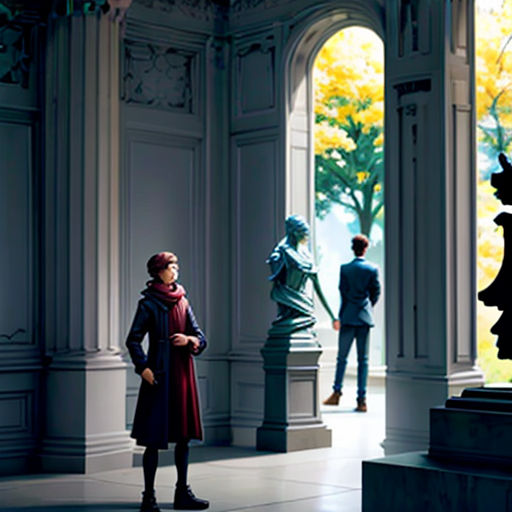 a man standing in a room with a clock on the wall and a statue of a man in a coat