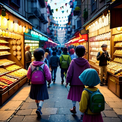 a group of people walking down a street next to a store filled with donuts and other items on display
