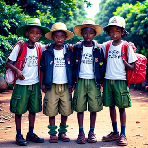 a group of young boys standing next to each other on a dirt road with trees in the background and a backpack on the back