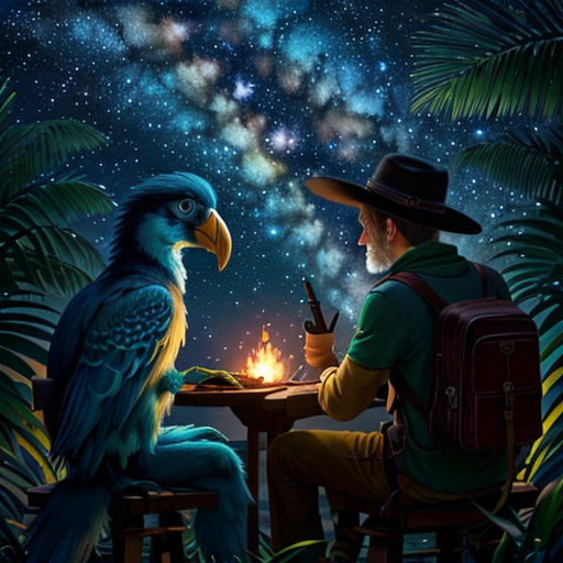 a man sitting at a table with a bird on his lap next to him and a bird on his lap
