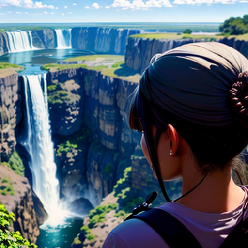 a woman looking at a waterfall in the distance with a sky background and a blue sky with clouds and a few white clouds