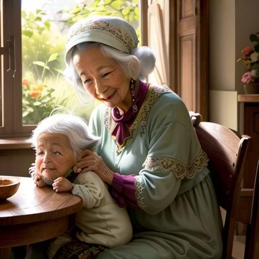 an older woman sitting next to a younger woman at a table with a bowl of food on it and a bowl of fruit on the table