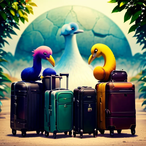 a group of luggage sitting next to each other on a road with a bird on top of them and a bird on the bottom of the suitcases
