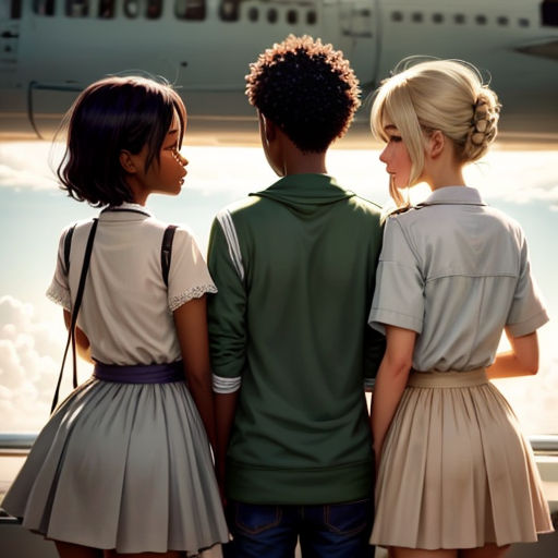 three people standing in front of a plane looking at the sky and clouds behind them are the back of a plane
