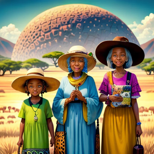 a group of women standing next to each other in front of a field of animals and a giant egg