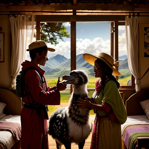 a man and woman petting a llama in a room with a mountain view outside the window and a bed