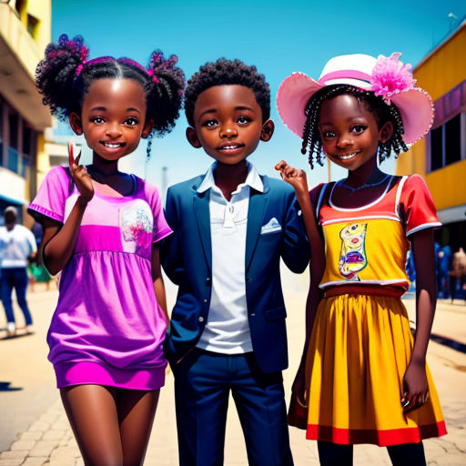 three children are standing together on a sidewalk in a city square, one of them is wearing a pink hat