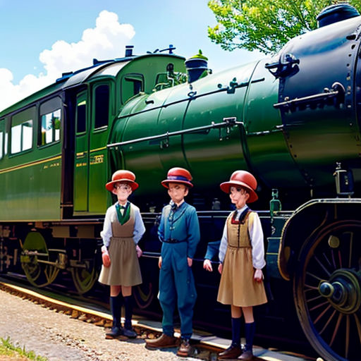 three children standing next to a train on a track with a green train on the side of the track