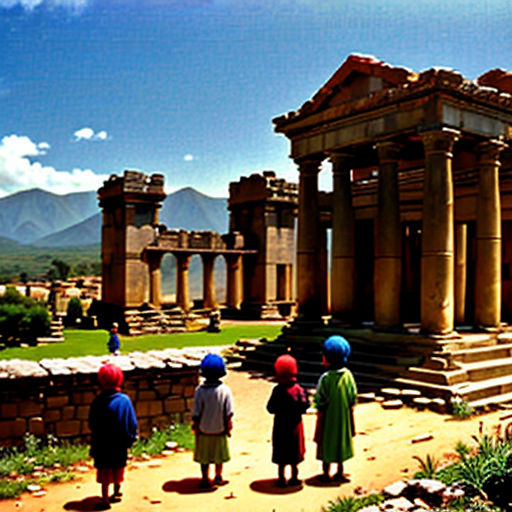 a group of people standing in front of a building with columns and pillars on it's sides and a mountain in the background