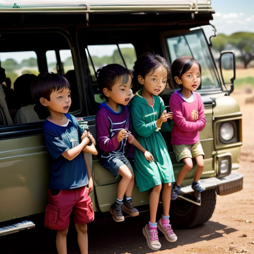 a group of children standing on the side of a vehicle in the dirt with their hands in their pockets