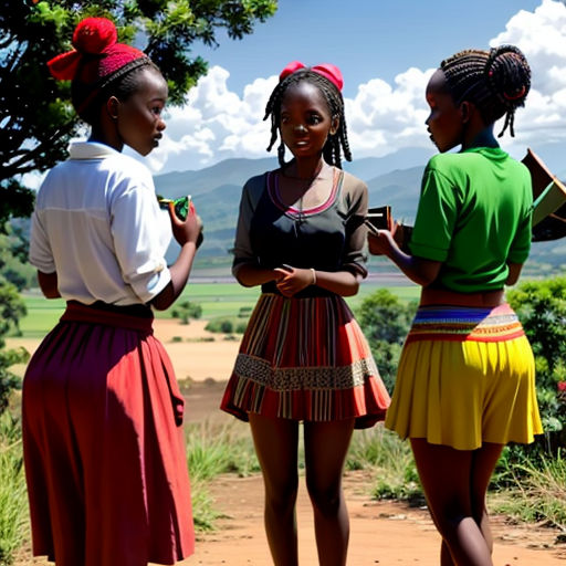 three women standing on a dirt road talking to each other and smiling at the camera, with a mountain in the background