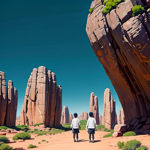 two people walking through a desert area with rocks and plants on them, with a blue sky in the background