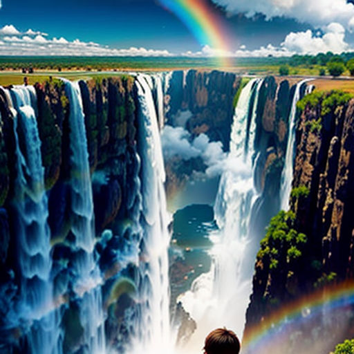 a person standing in front of a waterfall with a rainbow in the sky above it and a rainbow in the water