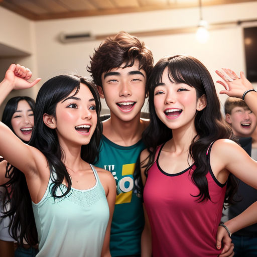 a group of people standing next to each other in a room with a ceiling fan and a ceiling fan