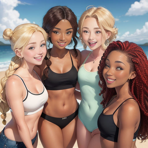a group of women standing next to each other on a beach near the ocean and a blue sky with clouds