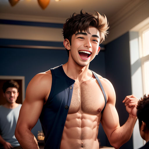 a man with a shirt on and no shirt on is smiling and holding his hands up to his chest